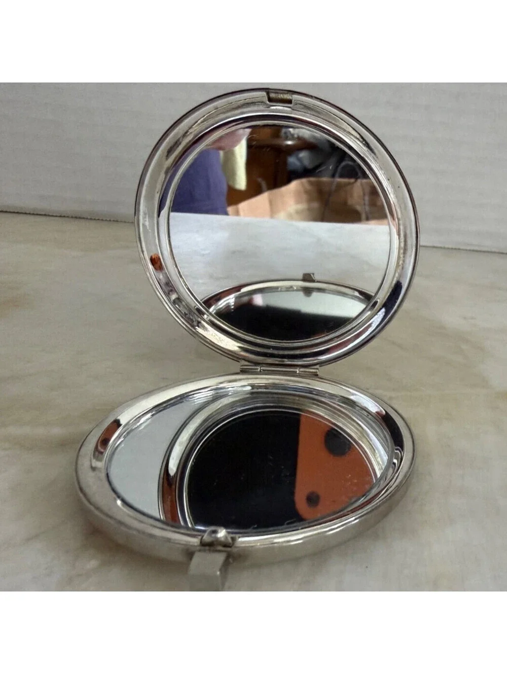 Vintage Style Silver Tone Lattice Compact Mirror with Rhinestone Accents
